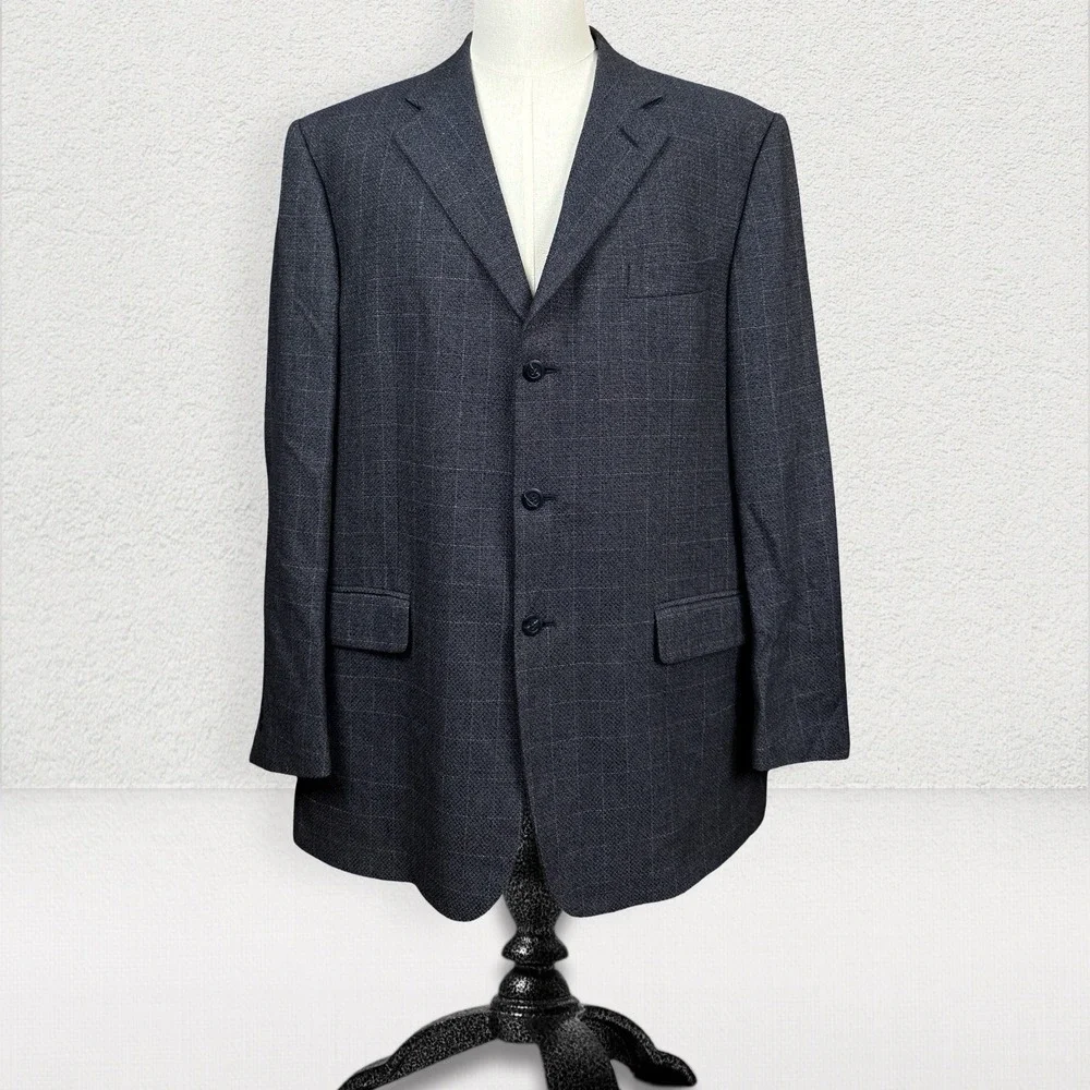 Pronto Uomo‎ Wool Silk Blazer Men 46L Windowpane Plaid 3 Button Made in Italy
